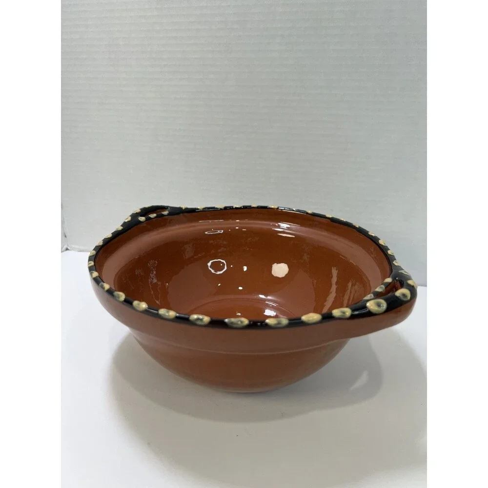 Pottery Barn Handpainted pottery clay bowl/pot with handles No Lid Serveware